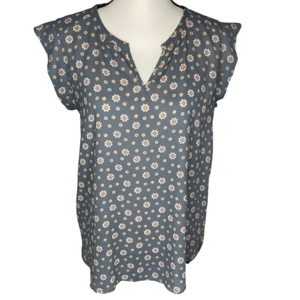 Pleione‎ Gray Floral Print Blouse Top Short Sleeve Size Small